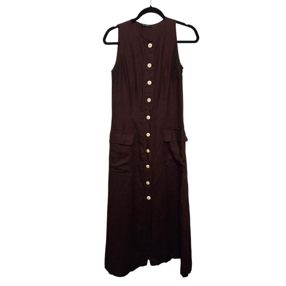 Maska Linen Button Front Maxi Dress Womens Sz 8 Brown Lagenlook Luxury European